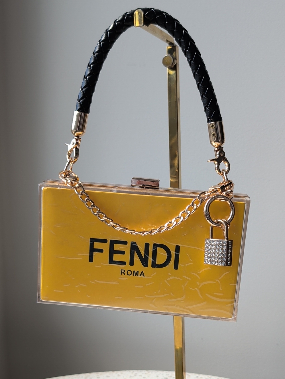 Upcycled Yellow Acrylic Box Bag with Black Braided Handle and Gold Chain - Picture 4 of 7